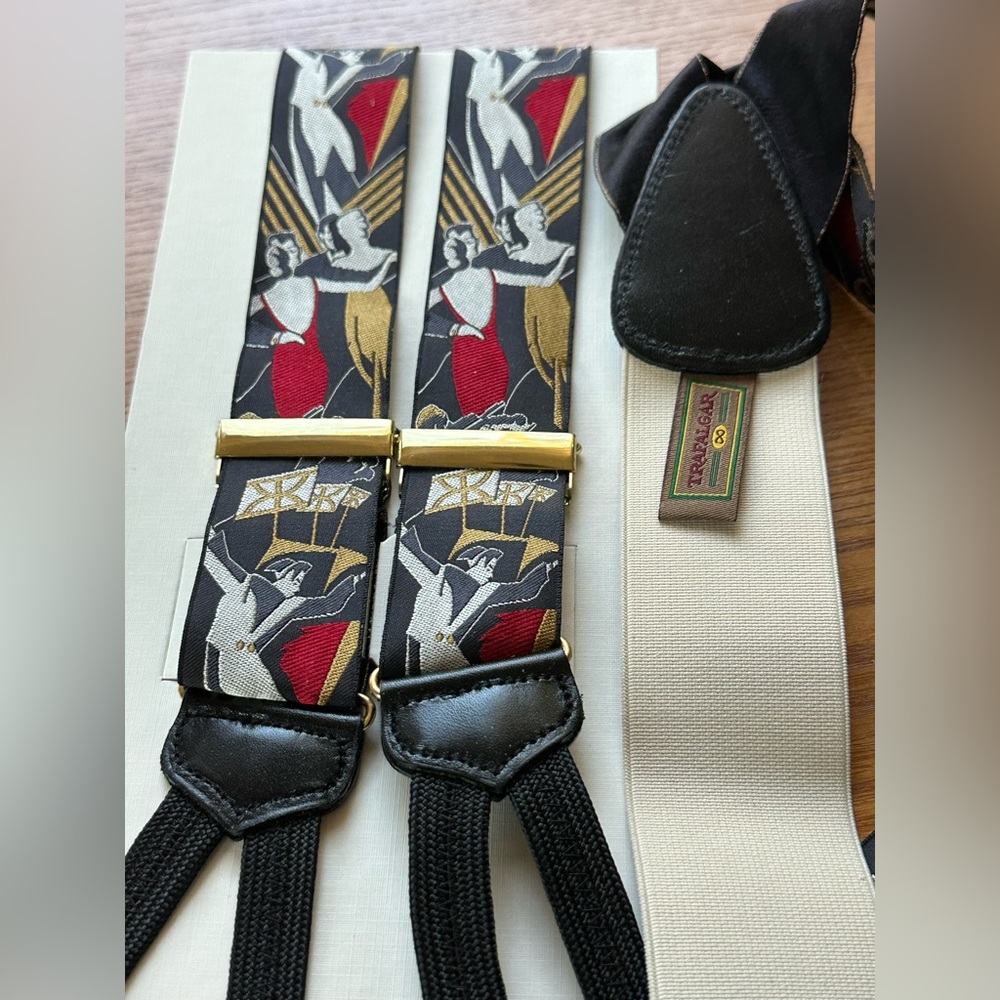 TRAFALGAR LIMITED ED “STARDUST” SUSPENDERS/BRACES SILK & LEATHER NIB AUTH CARD